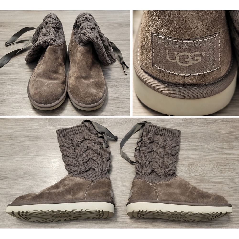 UGG Kiandra Bow Cable Knit Gray Suede Mid Calf Boots Womens 9 Cozy Sheepskin